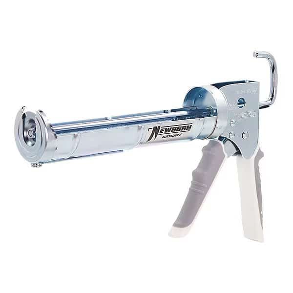 Caulk Gun, 10 oz Container Size, Steel, 6:01, Half Barrel Frame, Silver