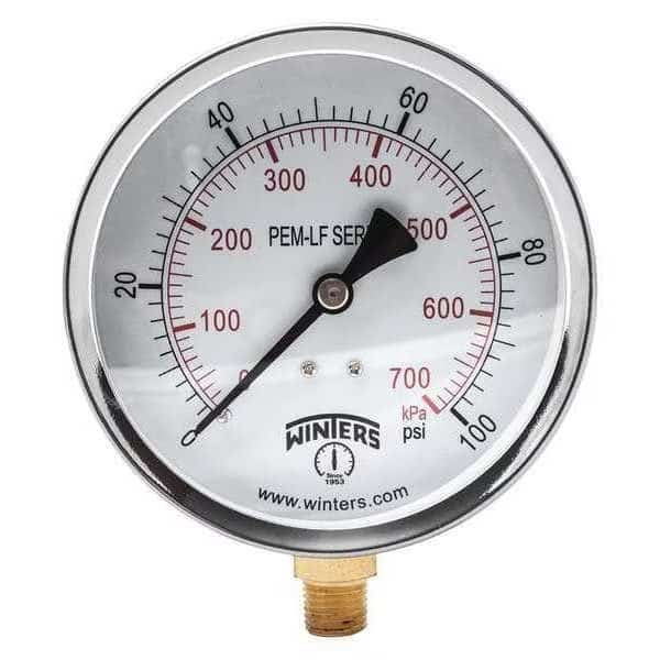 Lead-Free Pressure Gauge, 0 to 100 psi, 4 in Dial, 1/4 in NPT, Bottom Location, Steel Case Material