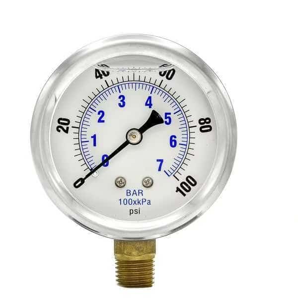 Pressure Gauge, 0 to 100 psi, 1/4 in MNPT, Stainless Steel, Silver, PIC GAUGES, Mfr# PRO-201L-254E