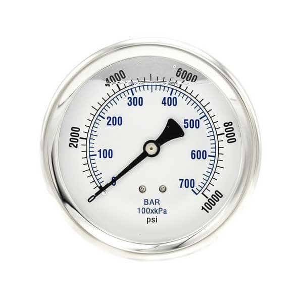 Industrial Pressure Gauge, 0 to 10,000 psi, 4 in Dial, 1/4 in NPT, Center Back Location