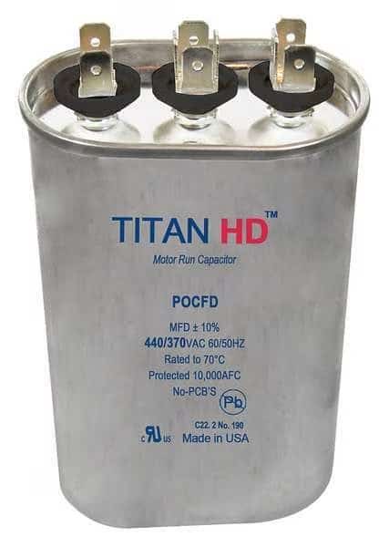 Dual Run Capacitor,45/5 MFD,4 13/32"H, Mfr#: POCFD455A, TITAN HD