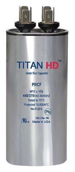 Motor Run Capacitor, 12.5 MFD, 440V, Round, TITAN HD, Mfr# PRCF12.5A