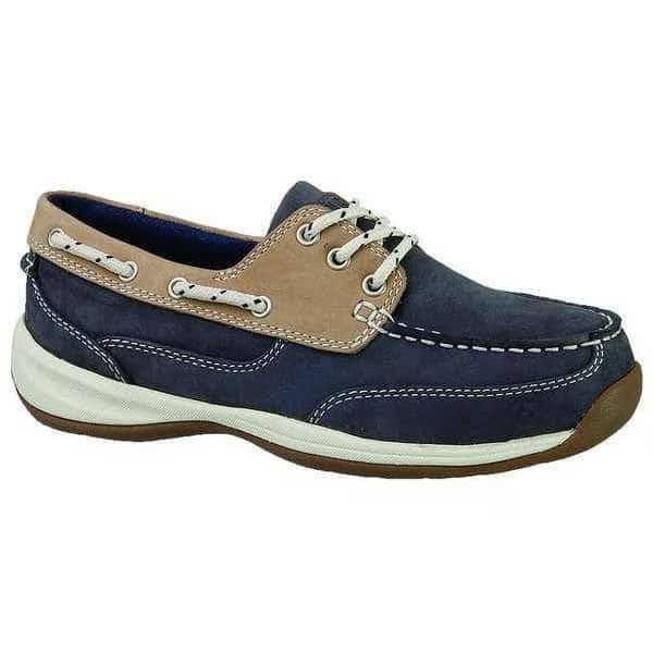 Women's Boat Shoe, Steel Toe, Leather Upper, Rubber Outsole, Lace Up, Navy Blue/Tan, 9 W