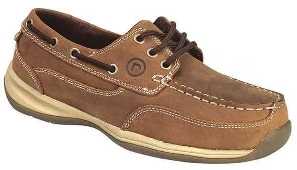 Women's Boat Shoe, Steel Toe, Leather Upper, Rubber Outsole, Lace Up, Brown, 9 M