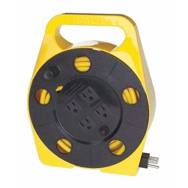 Cord Reel, 16 AWG, Yellow Reel Color, 25 ft Length, 4 Outlets