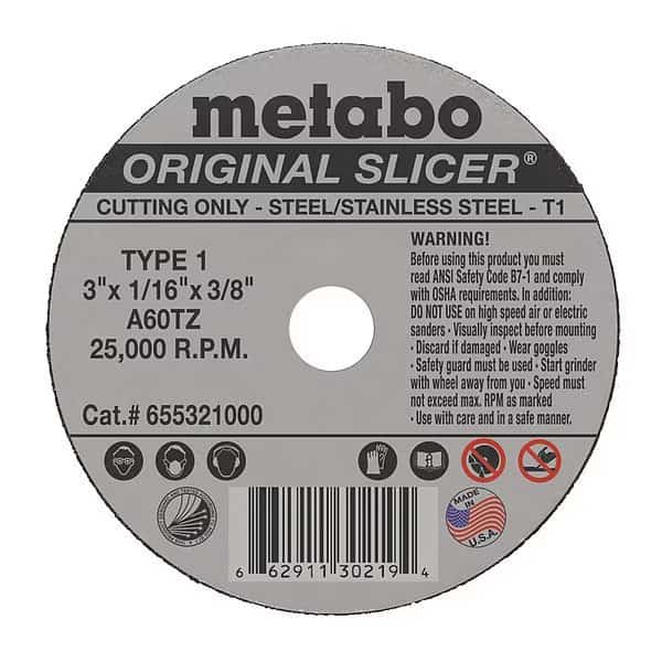 Abrasive Cut-Off Wheel, Type 1, 3 in Dia, 1/16 in Thick, 3/8 in Arbor Hole Size, Aluminum Oxide