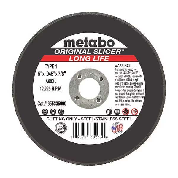 Abrasive Cut-Off Wheel, Type 1, 5 in Dia, 0.045 in Thick, 7/8 in Arbor Hole Size, Aluminum Oxide