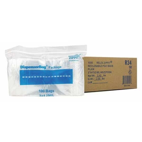 Reclosable Bag, 4 L, 3 in W, 2 mil Thick, Polyethylene, Clear