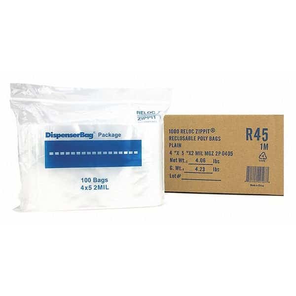 Reclosable Bag, 5 L, 4 in W, 2 mil Thick, Polyethylene, Clear
