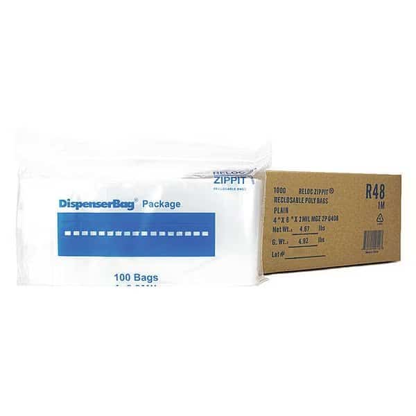 Reclosable Bag, 8 L, 4 in W, 2 mil Thick, Polypropylene, Clear
