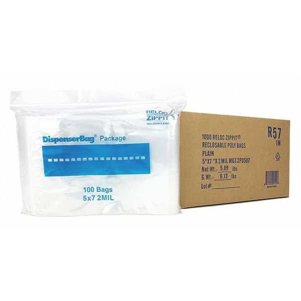 Reclosable Bag, 7 L, 5 in W, 2 mil Thick, Polyethylene, Clear