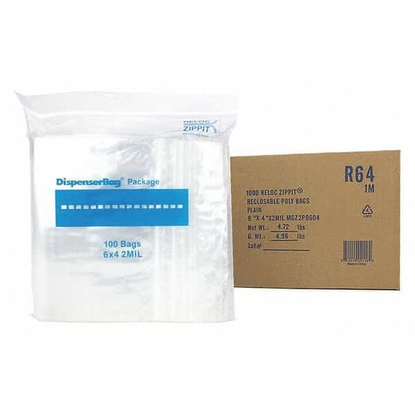 Clear Reclosable Bags,2 mil,6"x4",PK1000, Mfr#: R64, RELOC ZIPPIT