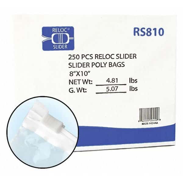 Reclosable Bag, 10 L, 8 in W, 2 mil Thick, Polypropylene, Clear
