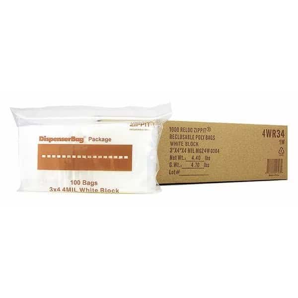 Reclosable Poly Bag 4-MIL, 3"x 4", With White Block, Reloc Zippit, Mfr#: 4WR34