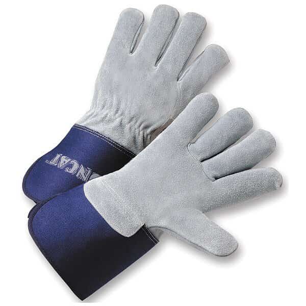 Leather Palm Gloves, Cowhide, Gauntlet Cuff, Wing Thumb, Full Finger, Gray, XL, 12 PK