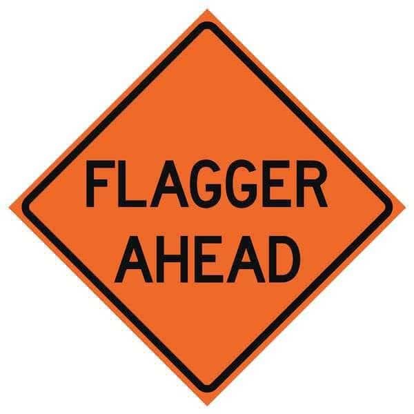 Flagger Ahead Traffic Sign, 48 in H, 48 in W, Vinyl, Diamond, English, 669-C/48-NRVFO-FA, EASTERN METAL SIGNS AND SAFETY, Mfr# 669-C/48-NRVFO-FA