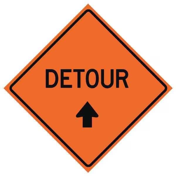 Detour Traffic Sign, 36 in H, 36 in W, Vinyl, Diamond, English, 669-C/36-SBFO-D, EASTERN METAL SIGNS AND SAFETY, Mfr# 669-C/36-SBFO-D