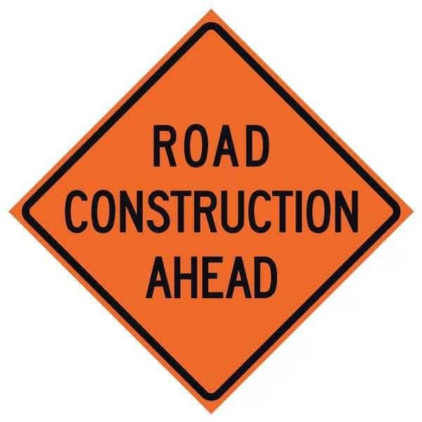 Road Construction Ahead Traffic Sign, 36 in H, 36 in W, Vinyl, Diamond, English, 669-C/36-RVFO-RA