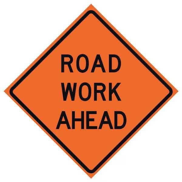 Road Work Ahead Traffic Sign, 36 in H, 36 in W, Vinyl, Diamond, English, 669-C/36-DGFO-RW