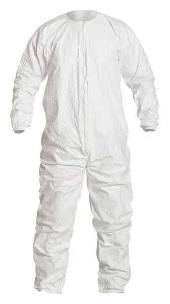 Disposable Coverall, Collared, 2XL, Spunbonded Polyethylene, Zipper, Elastic Cuff, Elastic Ankle