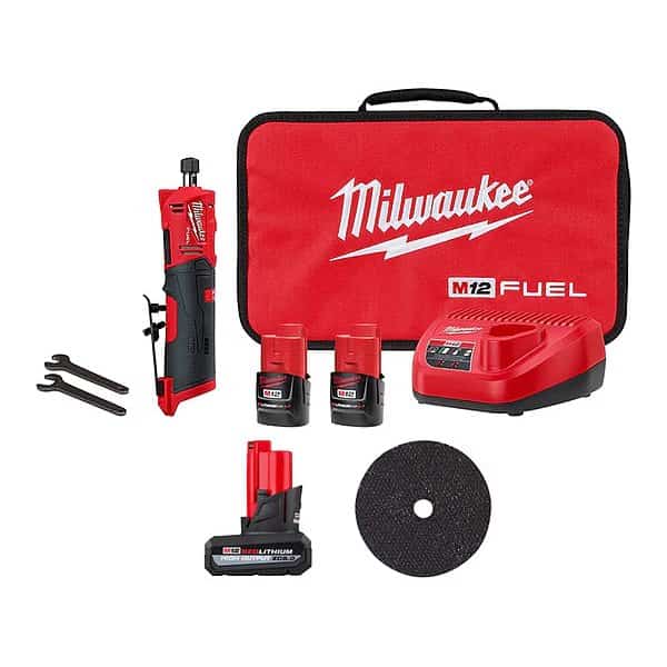 M12 FUEL 1/4" Straight Die Grinder Kit + 2" Metal Cut Off Wheel 5 PACK + M12 XC5.0 Battery