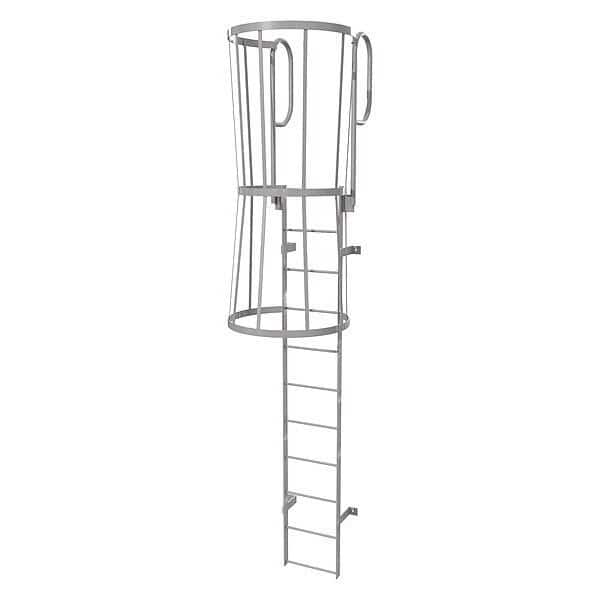 14 ft Overall H, Fixed Ladder with Safety Cage, Steel, 11 Steps, Top Exit, 500 lb Load Capacity