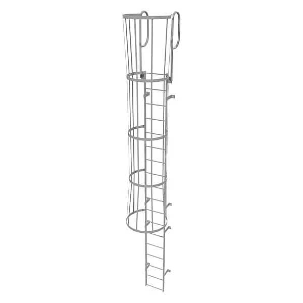 21 ft Overall H, Fixed Ladder with Safety Cage, Steel, 18 Steps, Top Exit, 500 lb Load Capacity