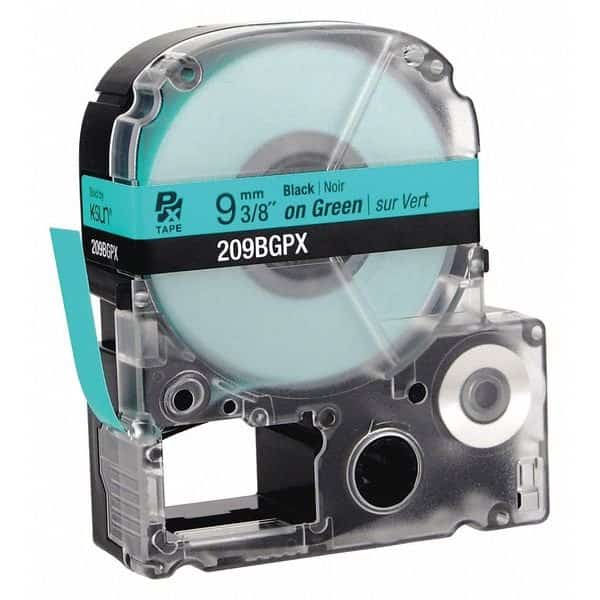 Black Ink/Green Tape, Glossy, 3/8" W, LABELWORKS PX, Mfr# 209BGPX
