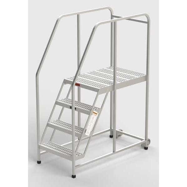 Aluminum Mobile Work Platform, 4 Steps, Handrails, 36"D Platform, Serrated Tread