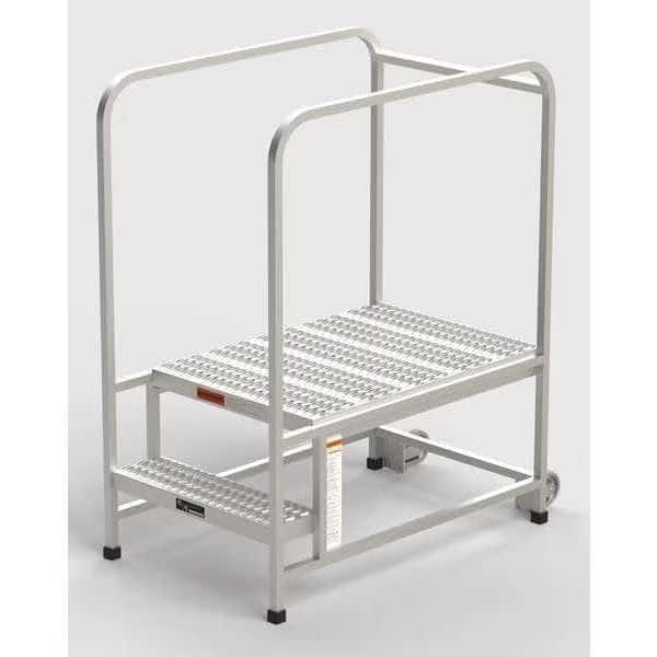 Aluminum Mobile Work Platform, 2 Steps, Handrails, 36"D Platform, Serrated Tread