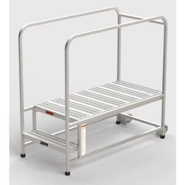 Aluminum Mobile Work Platform, 2 Steps, Handrails, 48"D Platform, Serrated Tread