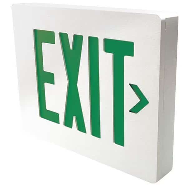 Exit Sign, Grn Letters, Wht Hsng, Dbl Face