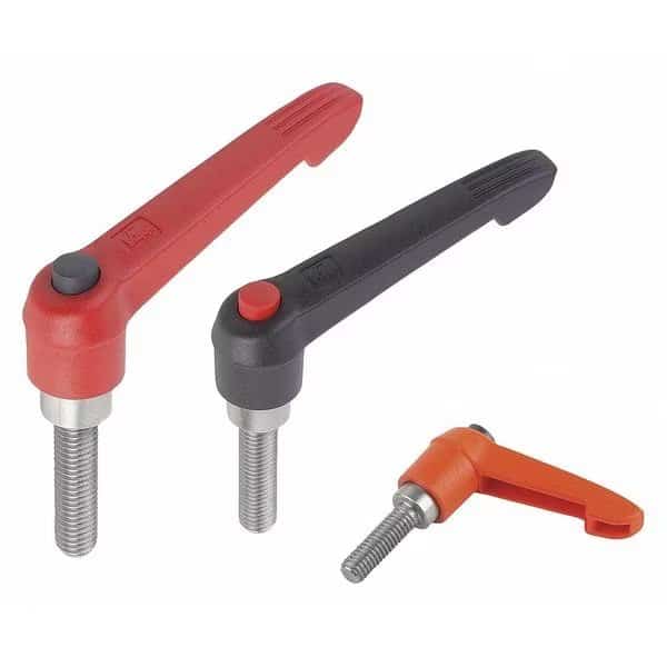 Adjustable Handle w Push Button, Sz: 2, 5/16-18X20, Plastic Red, Comp: Stainless Steel, Button Black