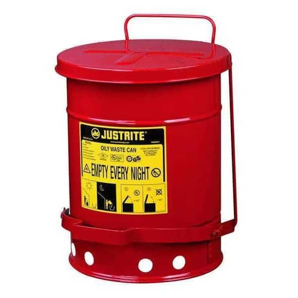 Oily Waste Can, 6 Gallon Capacity, Galvanized Steel, Red, Foot Operated Self Closing