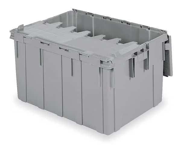 Gray Attached Lid Container, Plastic, Steel Hinge