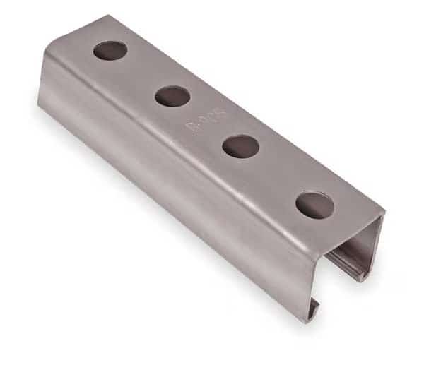 Single Channel Strut, Punched, 304 Stainless Steel, Polished, 9/16 in Hole Size, Silver