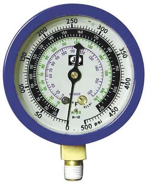Gauge, 3-1/8 In Dia, Low Side, Blue, 500 psi
