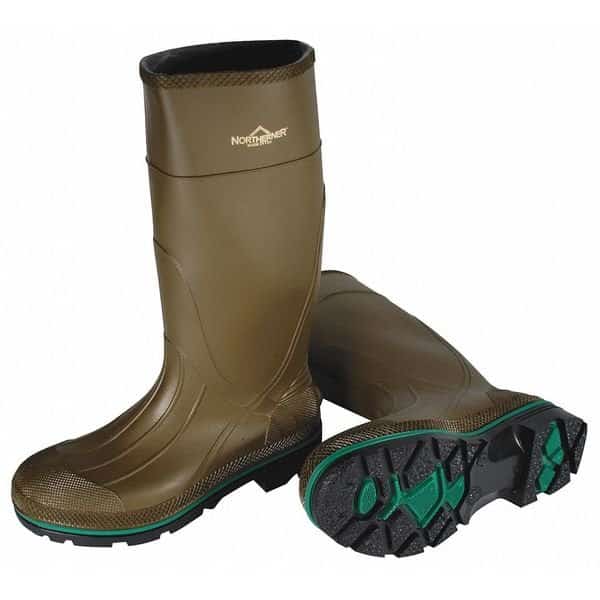 Rubber Boots, Plain Toe, Defined Heel, Waterproof, Oil Resistant Sole, Olive, Size 8