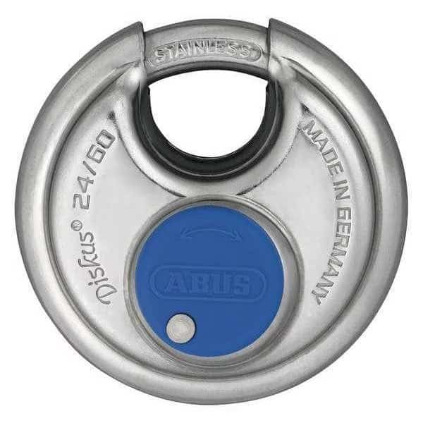 Padlock, Keyed Alike, Partially Hidden Shackle, Disc Stainless Steel Body, Stainless Steel Shackle