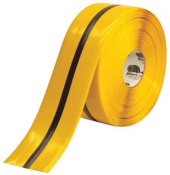 Floor Marking Tape, Solid with Center Line, Black, Yellow, 4 in W.