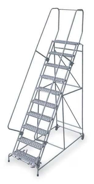 130 in H Steel Rolling Ladder, 10 Steps, 450 lb Load Capacity