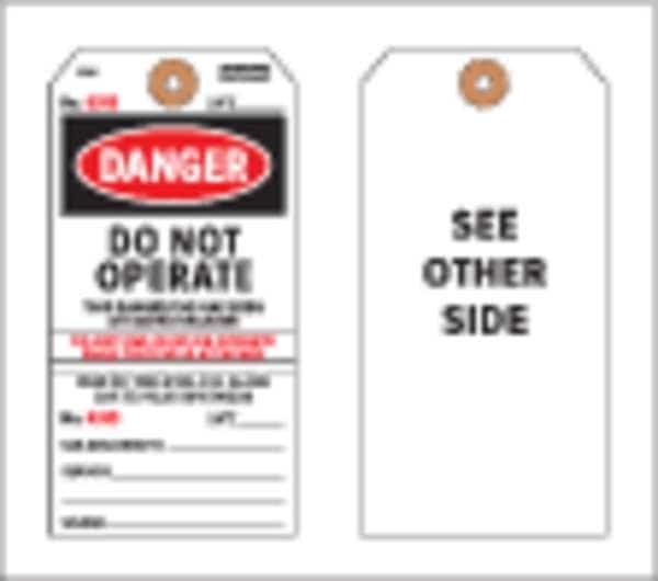 Danger Tag, Cardstock, 5 3/4 in H x 2 7/8 in W, Black and Red on White, Rectangle, 100 PK
