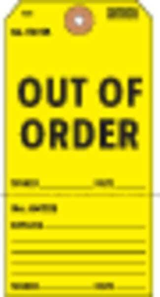 Tag, Out of Order, Cardstock, 5 3/4 in H x 2 7/8 in W, Yellow, Rectangle, 100 PK