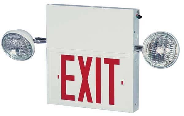 Exit Sign with Emergency Lights, White, 1 Face(s), LED, Universal Mount, Lead Calcium