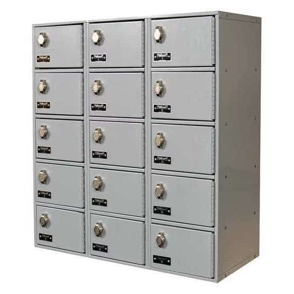 Cell Phone Locker, 27 in W, 12 in D, 30 1/2 in H, (3) Wide, (5) Tier, Light Gray