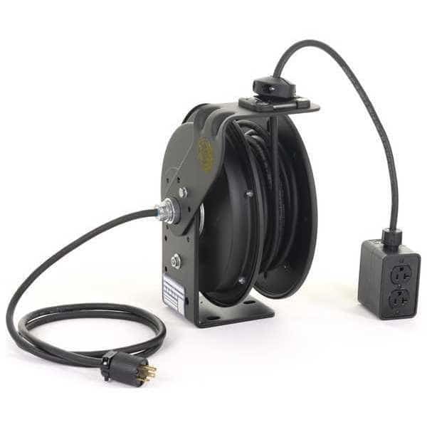 Cord Reel With Hand Lamp, Spring Retracted, NEMA 5-20R, 12 AWG, Black Reel Color, 25 ft Length