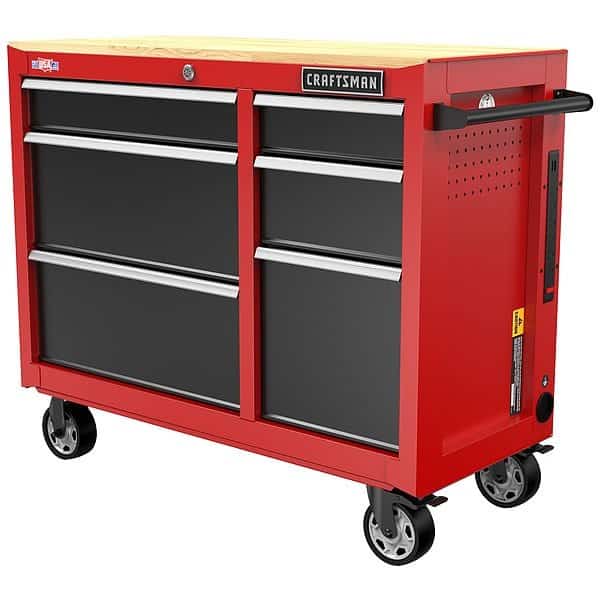 S2000 Rolling Tool Cabinet, 6 Drawer, Black/Red, Steel, Wood, 41 in W x 18 in D x 34 in H