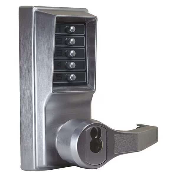 Mechanical Push Button Lockset, Satin Chrome, 1-3/8" to 2-1/4" For Door Thickness, 5 Number of Keys