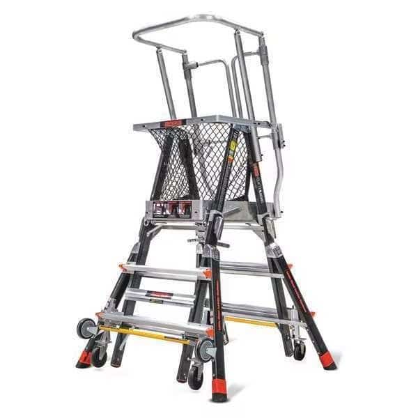 3 to 5 ft Fiberglass, Adjustable Safety Cage Platform Stepladder, 375 lb Capacity