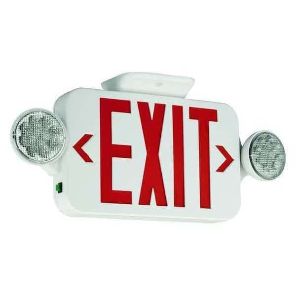 Exit Sign with Emergency Lights, 7 1/4 in H x 18 in W, LED, Flush Mount, 2 Lamp Heads, White/Red